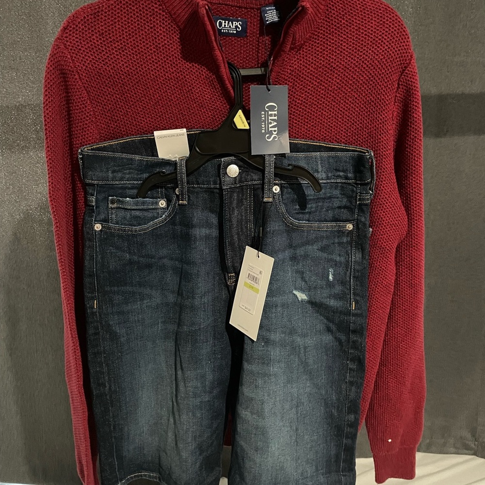 Chaps Burgundy Sweater and Dark Denim Jeans Set